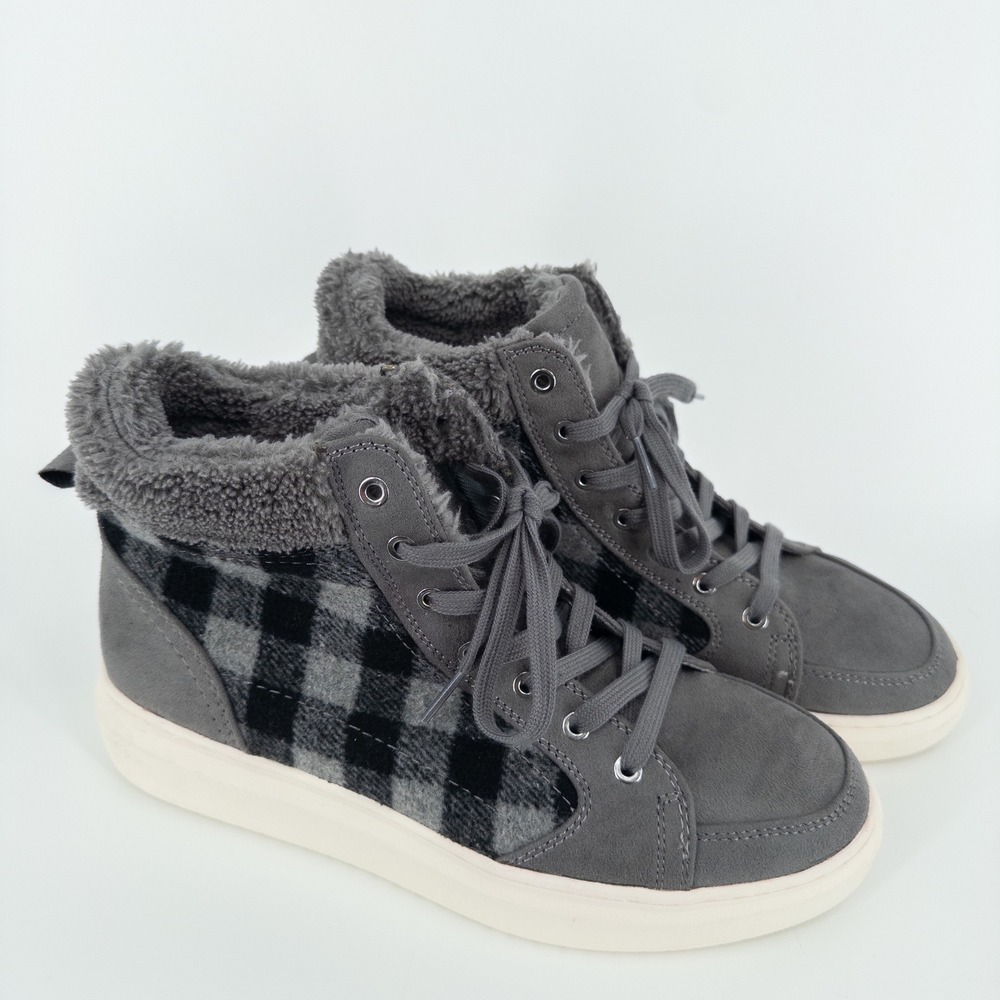 Marc Fisher Gray Plaid Faux Fur High Top Sneakers Womens 10M Cozy Winter Shoes